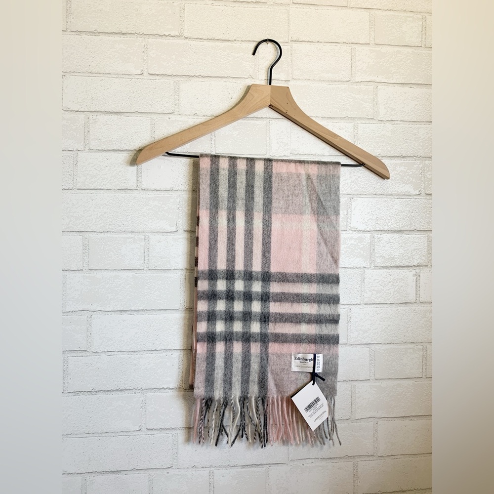 New Edinburgh 100% Lambswool Tartan Plaid Fringe Pink and Gray Scarf